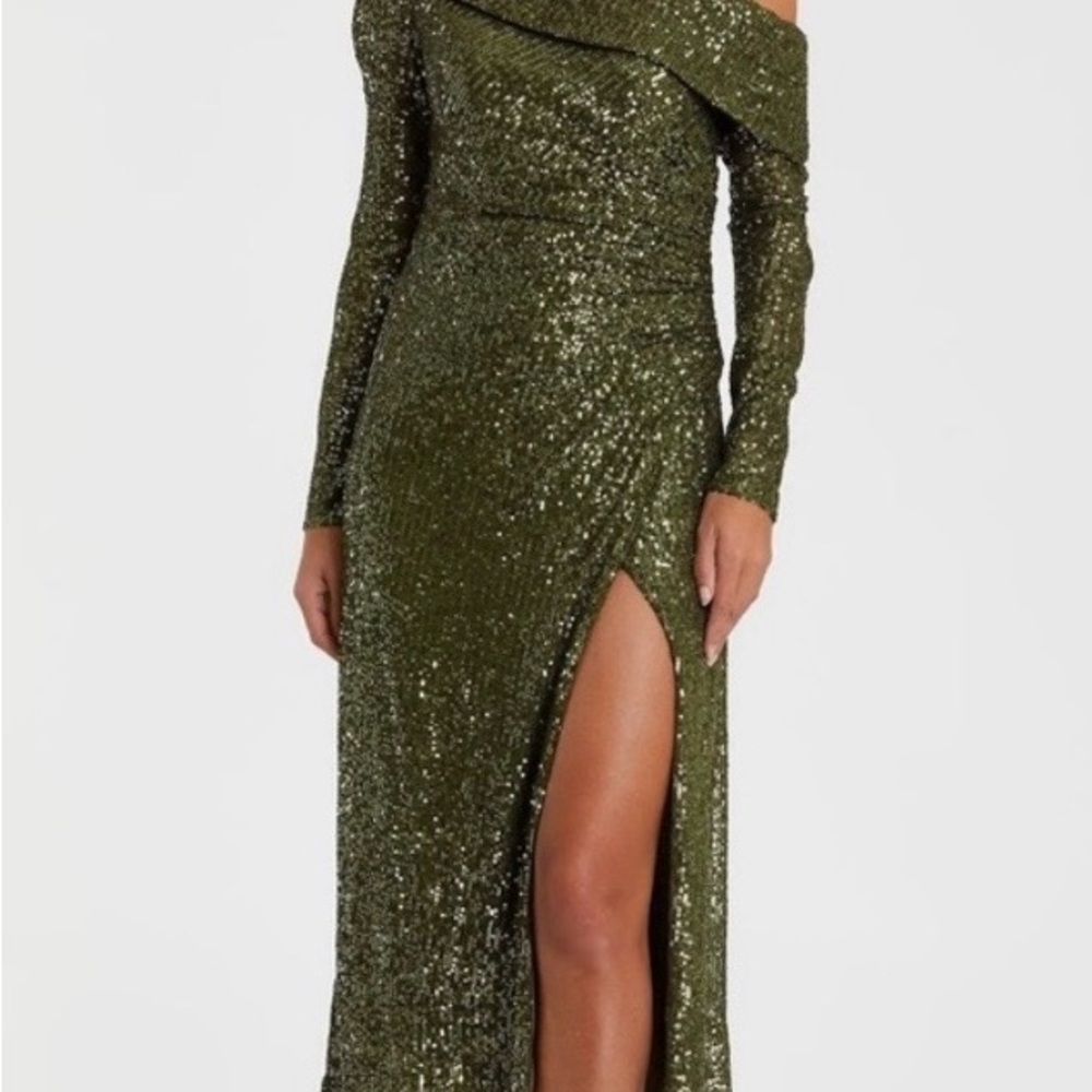 Mac Duggal Olive Green Off-Shoulder Sequin Midi Dress